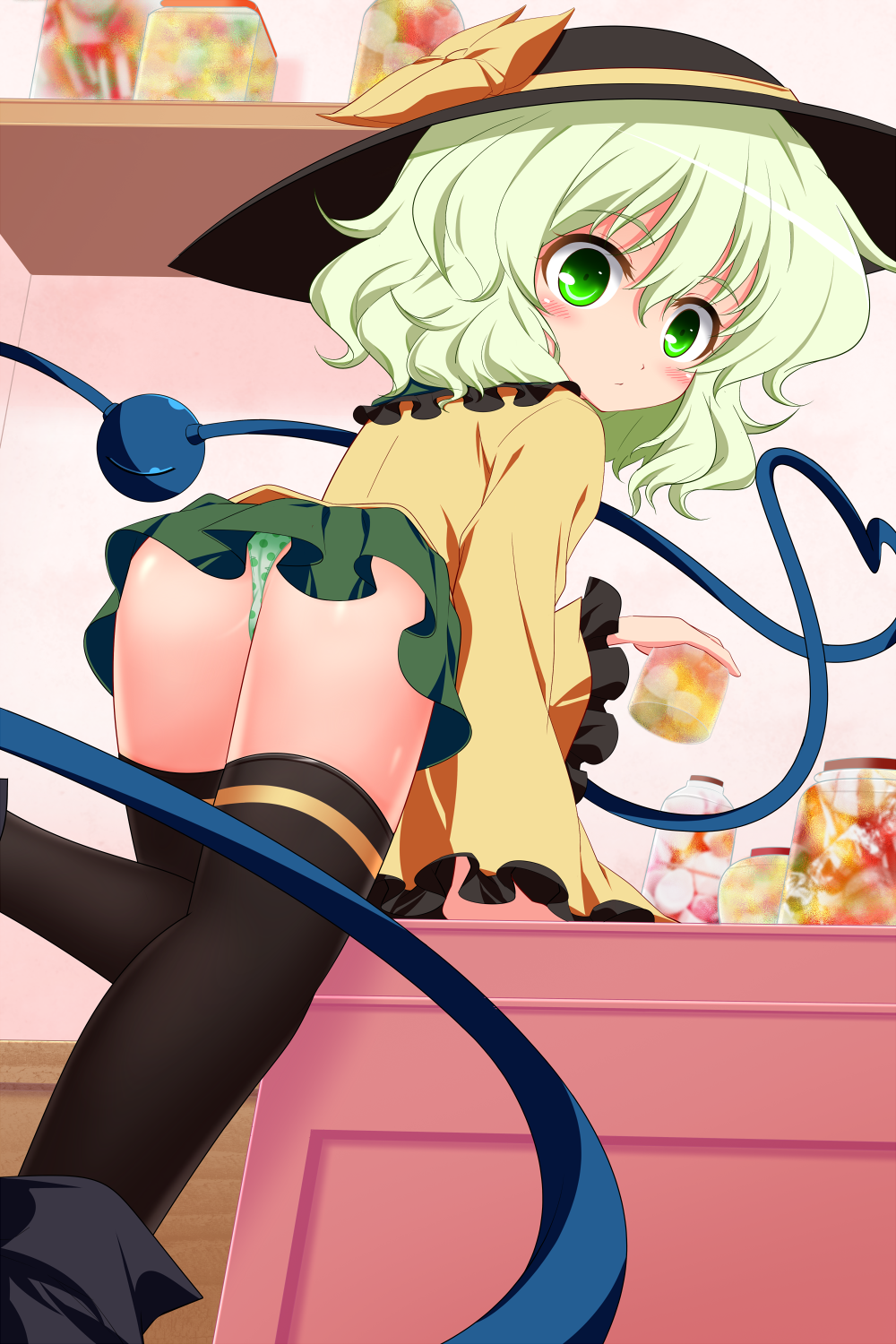 ass bad_id bad_pixiv_id black_legwear blush eyeball green_eyes green_hair green_panties hat hat_ribbon heart heart_of_string highres isa komeiji_koishi looking_back panties pantyshot polka_dot polka_dot_panties revision ribbon short_hair skirt solo thighhighs third_eye touhou underwear upskirt