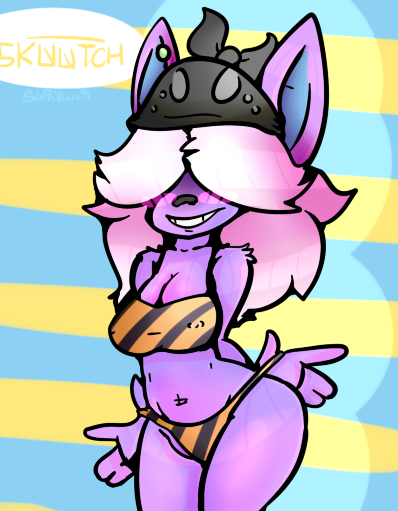 anthro bandanna bat big_breasts big_butt bikini black_nose blush breasts butt character cleavage clothed clothing ear_piercing female fur fuzzy grin hair hair_over_eyes hat mammal panty_pull piercing pink_fur pink_hair sirphilliam_(artist) skootch smile solo striped_background swimsuit wide_hips