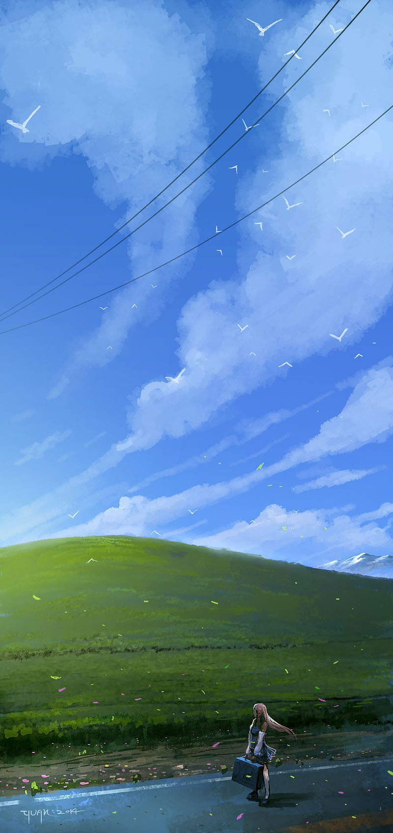 2014 artist_name bird carrying cloud commentary dated day field hair_ribbon highres hill long_hair mountain os-tan power_lines ribbon road scenery skirt sky solo suitcase thighhighs wind xp-tan xu_chao_yuan