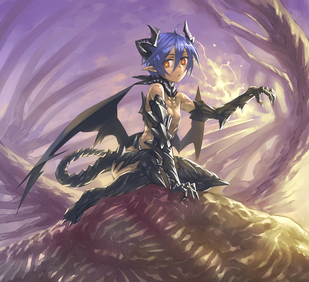 animal_tail blue_hair dragon_tail female hair horn human looking_at_viewer mammal pointy_ears shina wings