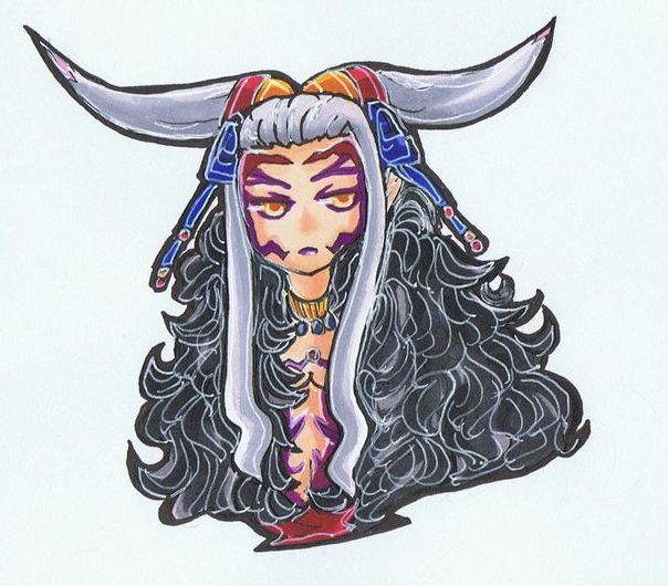 chibi female final_fantasy final_fantasy_viii fur_collar grey_hair horns long_hair makeup pachepache1228 silver_hair simple_background solo super_deformed traditional_art ultimecia