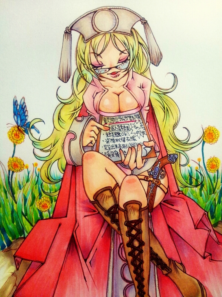 bad_anatomy blonde_hair boots breasts butterfly cleavage final_fantasy final_fantasy_tactics flower glasses gocchan_(big-up9898) gun handgun long_hair mediator_(fft) orator_(fft) pistol traditional_art translation_request weapon