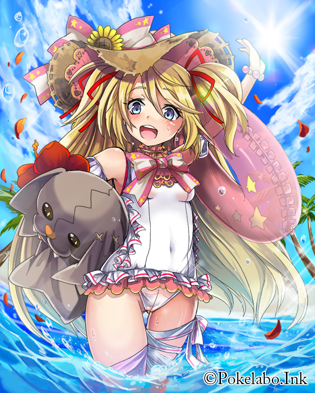 blonde_hair blue_eyes blush casual_one-piece_swimsuit hat innertube long_hair one-piece_swimsuit original shida_(xwheel) solo stuffed_animal stuffed_bunny stuffed_toy swimsuit twintails water