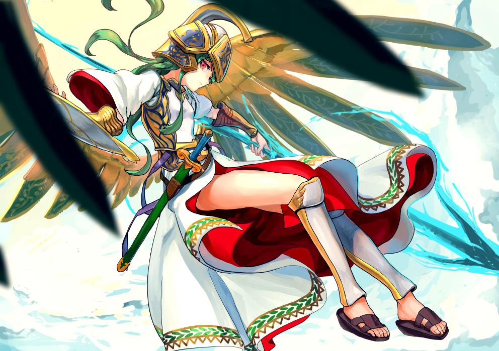 armor athena_(p&amp;d) belt dress flying gauntlets gradient gradient_background greaves green_hair helmet holding holding_weapon long_hair looking_at_viewer nuda polearm puzzle_&amp;_dragons red_eyes sandals sheath solo spear sword weapon white_dress wings