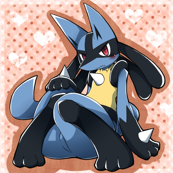 &lt;3 3_toes ambiguous_gender barefoot big_thighs blush cute fangs hindpaw hm3526 legs_together looking_at_viewer lucario nintendo paws pok&#233;mon pok&eacute;mon red_eyes shy sitting solo tsundere video_games