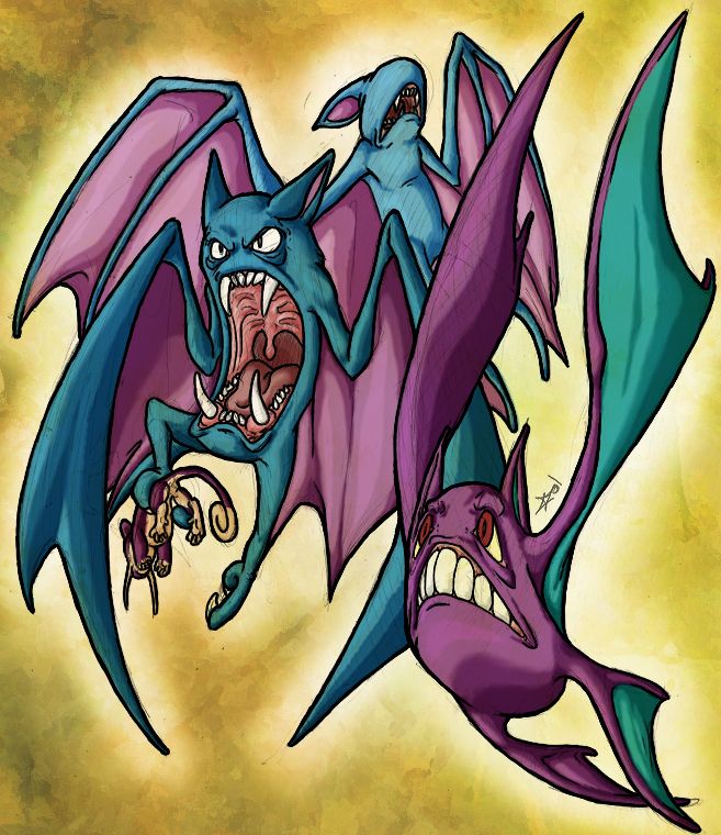 bat caught claws creepy crobat flying frown golbat group mammal mizurei nightmare_fuel nintendo pok&#233;mon pok&eacute;mon rat rattata red_eyes rodent teeth tongue uvula video_games what whiskers wings zubat