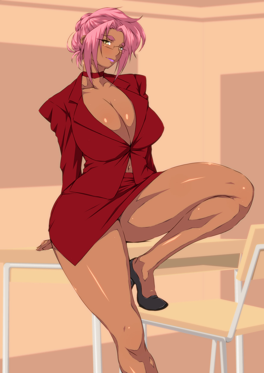 alternate_costume alternate_hairstyle arm_support arms_behind_back bespectacled black_footwear blazer breasts business_suit chair choker classroom cleavage closed_mouth collarbone curvy dark_skin desk donson eyebrows formal from_side glasses hair_bun hair_up head_tilt high_heels highres huge_breasts indoors ingrid_(taimanin_murasaki) jacket knee_up legs lipstick long_sleeves looking_at_viewer makeup mole mole_under_mouth navel on_desk pencil_skirt pink_hair rectangular_eyewear red_choker red_skirt rimless_eyewear school_desk shoes side_slit sidelocks sitting sitting_on_desk skirt skirt_suit smile solo suit taimanin_(series) taimanin_murasaki teacher thick_eyebrows thick_thighs thighs tied_hair tiptoes yellow_eyes
