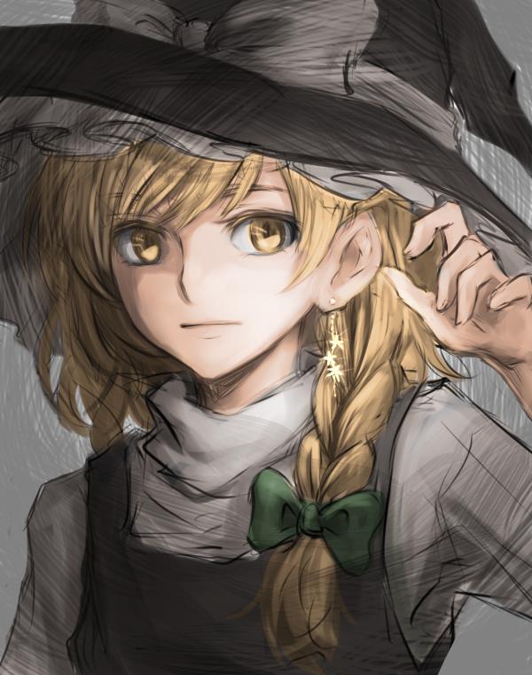 blonde_hair bow braid earrings expressionless gradient gradient_background grey_background hair_bow hand_up hat hat_ribbon high_collar jewelry kirisame_marisa long_hair looking_at_viewer nip_to_chip ribbon short_sleeves single_braid single_earring sketch solo touhou upper_body witch_hat yellow_eyes