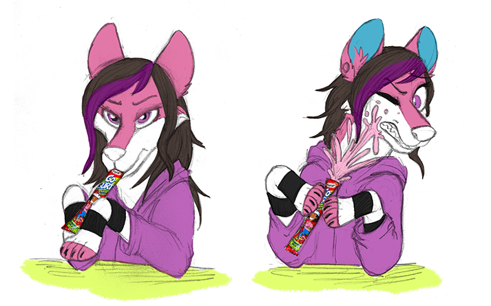 black_hair canine cum cum_on_face dog female food fracture fur general_mills go-gurt hair hoodie husky mammal messy multi-colored_hair pink_fur purple_eyes purple_hair socks sparkledog striped_socks yogurt