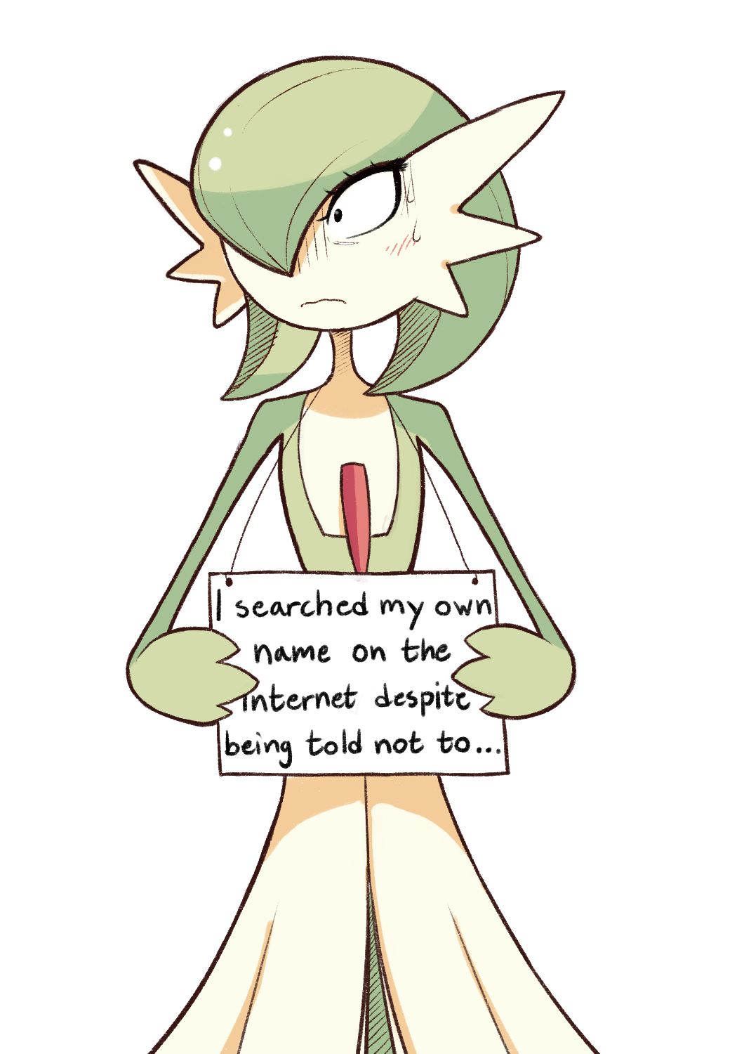 english_text gardevoir green_hair hair nintendo plain_background pok&#233;mon pok&#233;shaming pok&eacute;mon shocked sign solo sweat sweatdrop text video_games white_background yuki-menoko