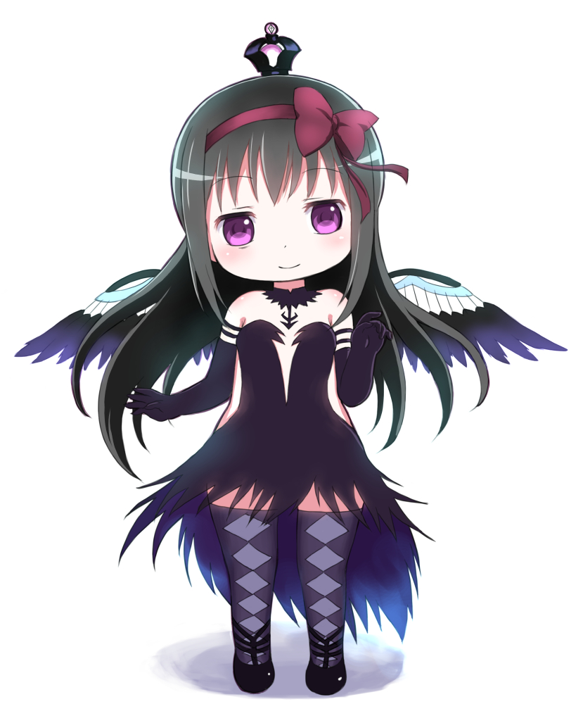 1girl akemi_homura akuma_homura argyle_clothes argyle_legwear bad_id bad_pixiv_id bags_under_eyes bare_shoulders black_gloves black_hair black_wings bow chibi choker commentary_request dark_orb_(madoka_magica) dress elbow_gloves feathered_wings gloves hair_bow long_hair looking_at_viewer m-eine mahou_shoujo_madoka_magica mahou_shoujo_madoka_magica:_hangyaku_no_monogatari on_head purple_eyes simple_background smile solo spoilers thighhighs white_background wings zettai_ryouiki
