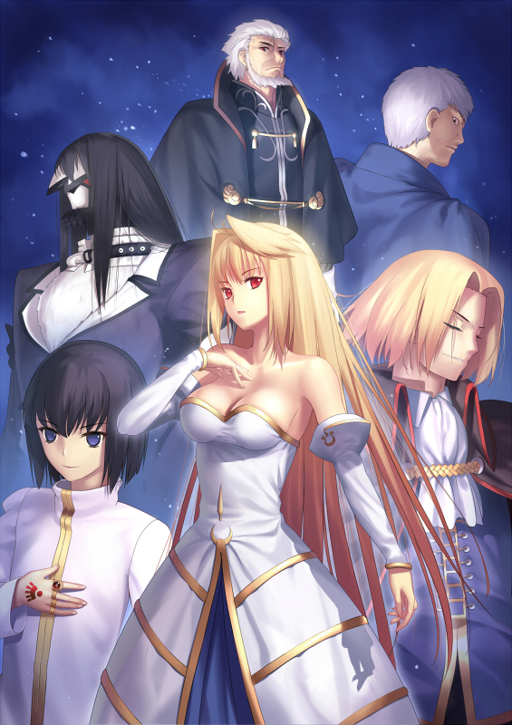 5boys archetype_earth arcueid_brunestud bare_shoulders blonde_hair breasts cleavage closed_eyes detached_sleeves gransurg_blackmore kishua_zelretch_schweinorg long_hair medium_breasts melty_blood merem_solomon multiple_boys nrvnqsr_chaos parted_lips taut_clothes tsukihime tsukikanade wallachia