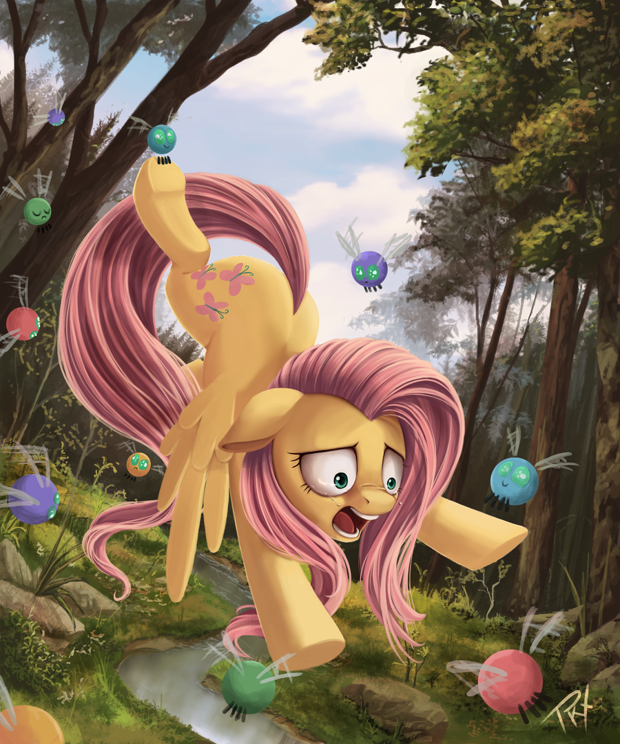 arthropod blue_eyes cloud cutie_mark equine female feral fluttershy_(mlp) flying forest friendship_is_magic grass hair insect mammal my_little_pony open_mouth outside parasprite_(mlp) pegasus pink_hair ponykillerx rock stream surprise tears tree upset water wings