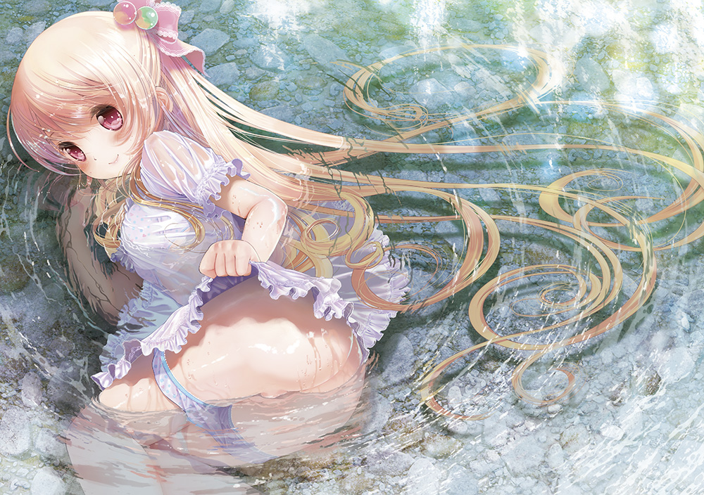 ass barefoot blonde_hair blue_panties blush bra dress dress_lift hair_ornament hair_ribbon iuro long_hair looking_at_viewer lying on_side original panties panty_pull partially_submerged pink_eyes polka_dot polka_dot_bra polka_dot_panties ribbon see-through see-through_silhouette shiny shiny_skin smile solo sundress underwear very_long_hair wet wet_clothes white_bra white_dress white_panties