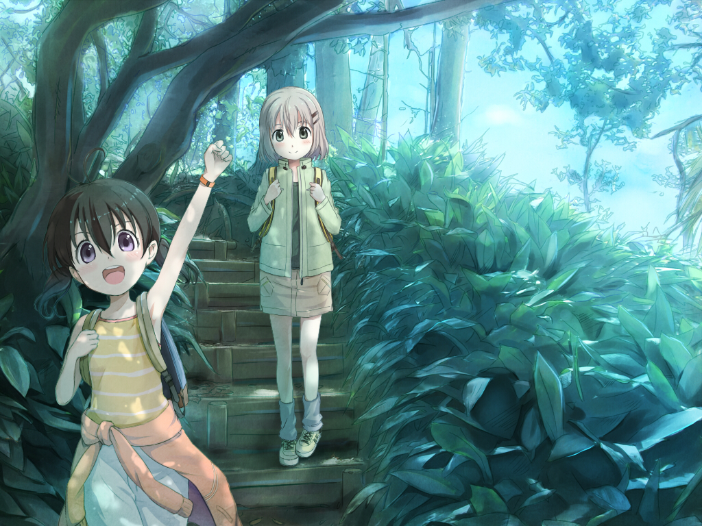 2girls :d ahoge arm_up armpits backpack bad_id bad_pixiv_id bag bare_arms bare_shoulders black_hair blush brown_skirt clenched_hand clothes_around_waist day full_body green_eyes grey_hair hair_between_eyes hair_ornament hairclip jacket kuraue_hinata leaf long_sleeves looking_at_viewer loose_socks low_twintails mikanmelon multiple_girls open_mouth outdoors plant purple_eyes raised_fist round_teeth shadow shirt shoes short_hair skirt sleeveless smile sneakers socks stairs standing striped_clothes striped_shirt teeth tree twintails vertical-striped_clothes vertical-striped_shirt yama_no_susume yukimura_aoi