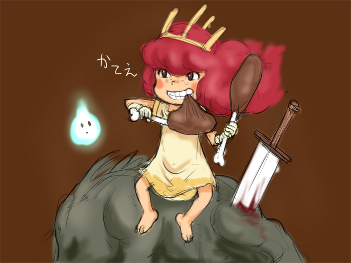 barefoot blood blush_stickers boned_meat brown_background brown_eyes child child_of_light_(game) clenched_teeth crown dress e10 eating food freckles gloves hitodama igniculus long_hair meat monster parted_lips pink_hair planted_sword planted_weapon princess_aurora simple_background sitting sword teeth translation_request weapon