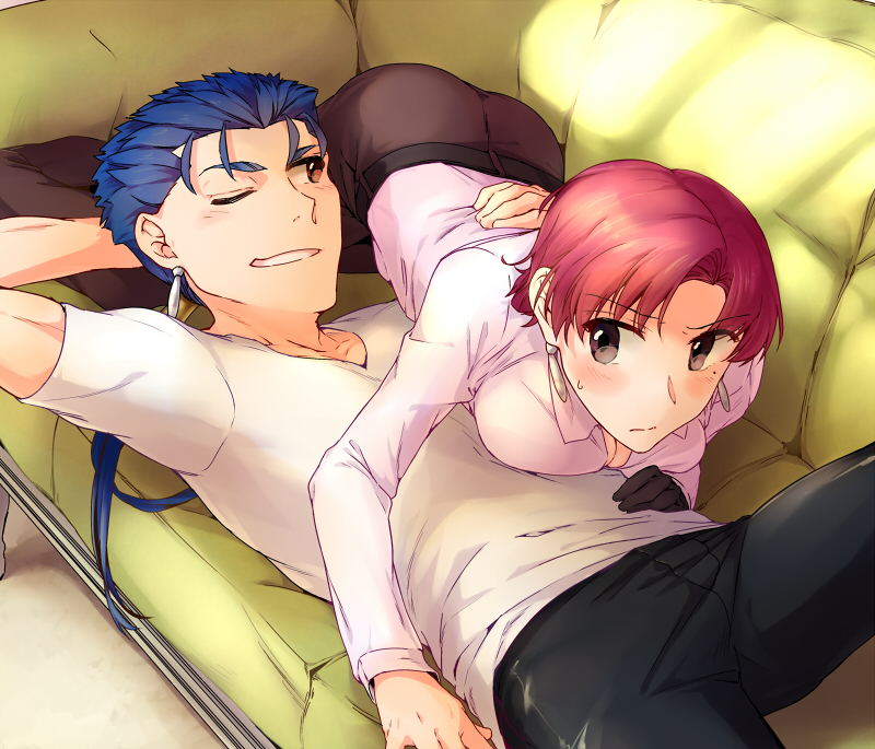 1girl bazett_fraga_mcremitz blue_hair fate/hollow_ataraxia fate_(series) jacket jacket_removed lancer long_hair misoiri_(gokutsubushi) mole mole_under_eye ponytail purple_eyes purple_hair red_eyes