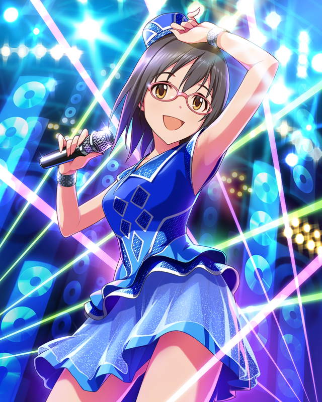 arm_up armpits artist_request black_hair bracelet brown_eyes glasses hat idol idolmaster idolmaster_cinderella_girls jewelry kamijou_haruna microphone official_art pink-framed_eyewear short_hair smile solo