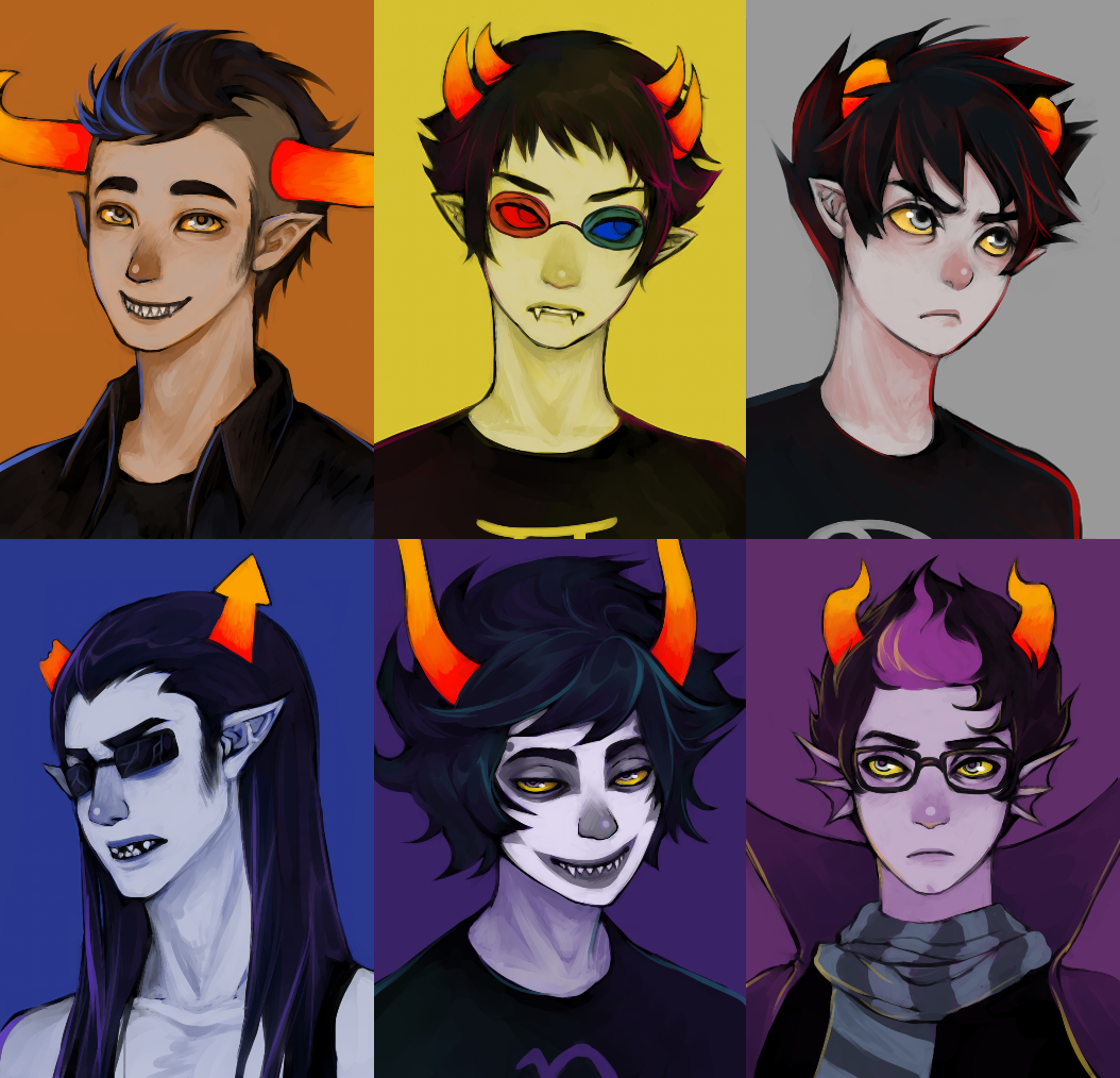 6+boys black_hair broken_eyewear broken_horn cape equius_zahhak eridan_ampora facepaint fangs gamzee_makara glasses grey_skin head_fins heterochromia homestuck horns jacket karkat_vantas makeup mohawk multicolored_hair multiple_boys pointy_ears realistic scarf sharp_teeth short_hair smile sollux_captor striped striped_scarf sunglasses sweater tank_top tavros_nitram teeth troll_(homestuck) two-tone_hair upper_body yellow_sclera