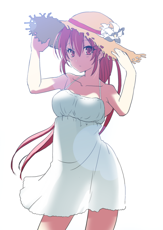 a1_(orii_eichi) bad_id bad_pixiv_id bare_shoulders blush dress free! hands_on_headwear hat long_hair matsuoka_gou ponytail red_eyes red_hair see-through_silhouette solo sun_hat sundress white_dress