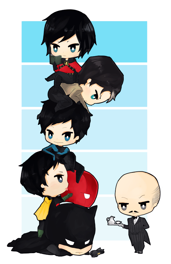 6+boys alfred_pennyworth batman batman_(series) brother brothers bruce_wayne butler cape chibi damian_wayne dc_comics dick_grayson family father father_and_son headwear_removed jason_todd male male_focus multiple_boys nightwing red_hood red_hood_(dc) red_robin robin_(dc) siblings son tea tim_drake