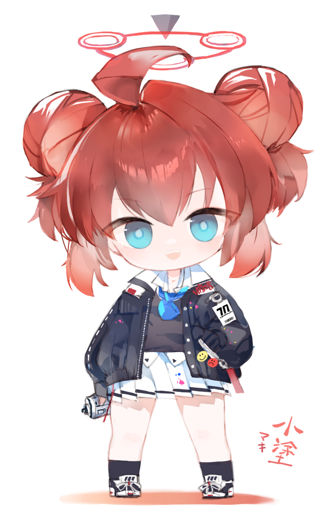 1girl :d ahoge black_jacket black_socks black_sweater blue_archive blue_eyes chibi collared_shirt colored_shadow commentary_request double_bun full_body hair_between_eyes hair_bun halo holding jacket kotatu_(akaki01aoki00) long_sleeves looking_at_viewer maki_(blue_archive) open_clothes open_jacket pleated_skirt puffy_long_sleeves puffy_sleeves red_hair shadow shirt shoes simple_background skirt sleeves_past_wrists smile socks solo spray_can standing sweater two_side_up white_background white_footwear white_shirt white_skirt