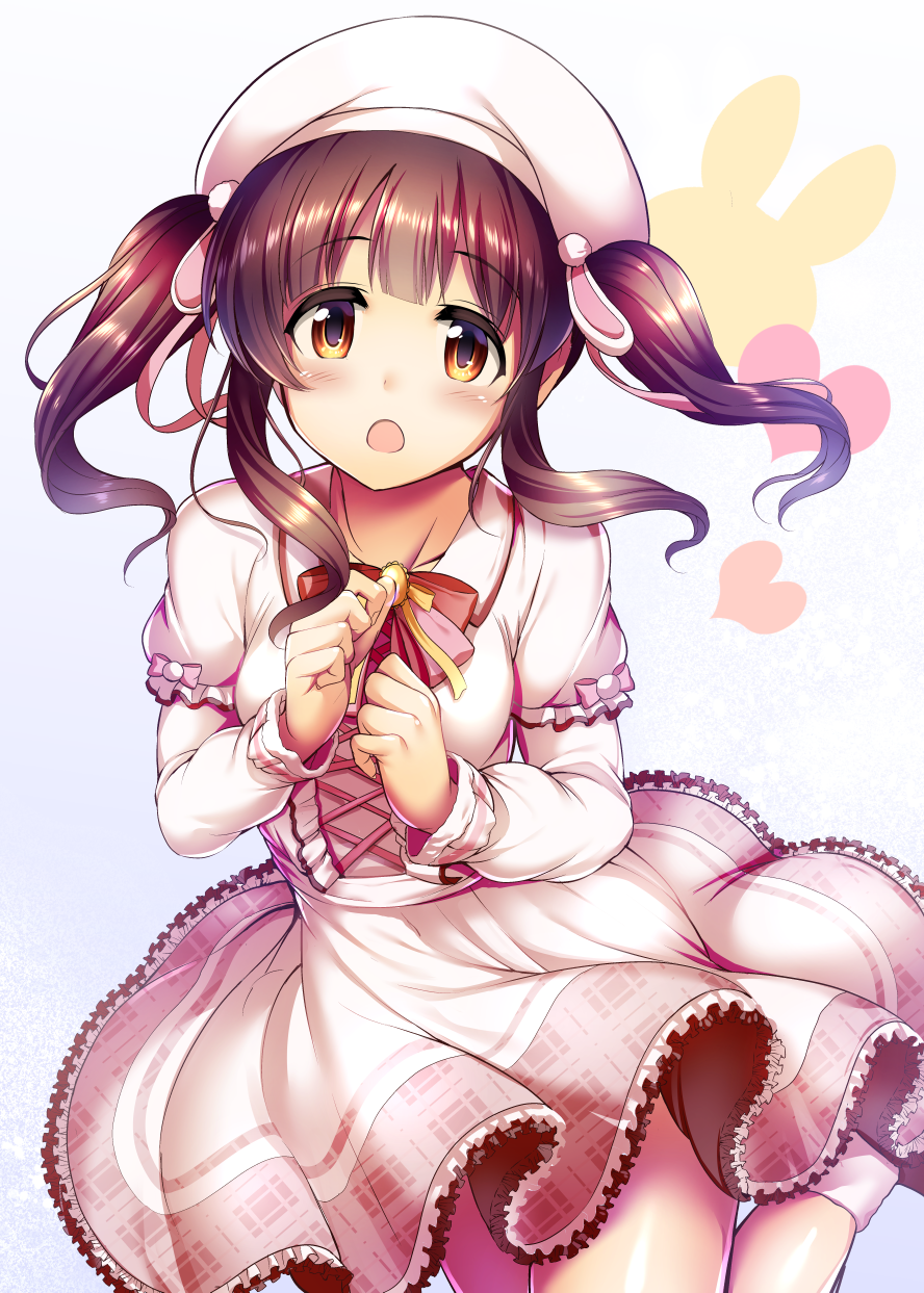 1girl blue_background blush bow breasts brown_eyes brown_hair clenched_hands cowboy_shot dot_nose dress frilled_dress frills hair_bow hair_ribbon hands_up hat heart highres idolmaster idolmaster_cinderella_girls idolmaster_cinderella_girls_starlight_stage layered_sleeves leg_up long_hair long_sleeves looking_at_viewer ment ogata_chieri open_mouth pink_dress pink_ribbon pink_socks rabbit ribbon sidelocks small_breasts socks solo standing standing_on_one_leg twintails white_headwear