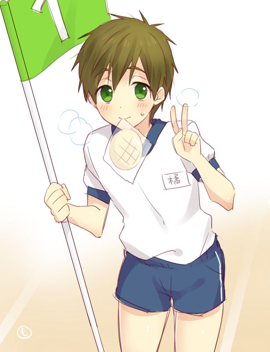 blush bread bread_eating_race brown_hair child flag food free! funikurikurara green_eyes gym_shorts gym_uniform male_focus melon_bread mouth_hold numbered_flag shorts smile solo sports_festival sweat tachibana_makoto v younger