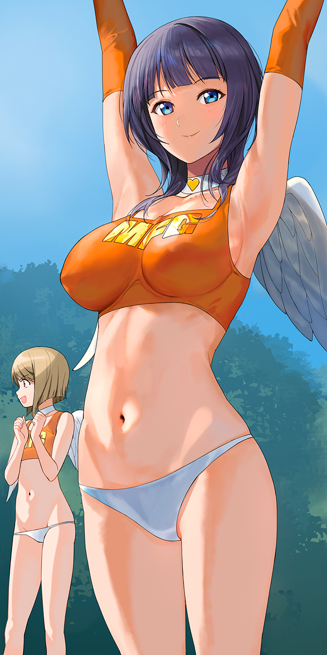 2girls a1 angel_wings arms_up asaka_karin bikini blue_eyes blue_hair blue_sky blunt_bangs breasts brown_hair choker day flat_chest highres large_breasts looking_at_viewer love_live! love_live!_nijigasaki_high_school_idol_club medium_hair mismatched_bikini mole mole_on_collarbone multiple_girls nakasu_kasumi navel outdoors short_hair sky solo_focus stomach swimsuit tankini white_choker wings