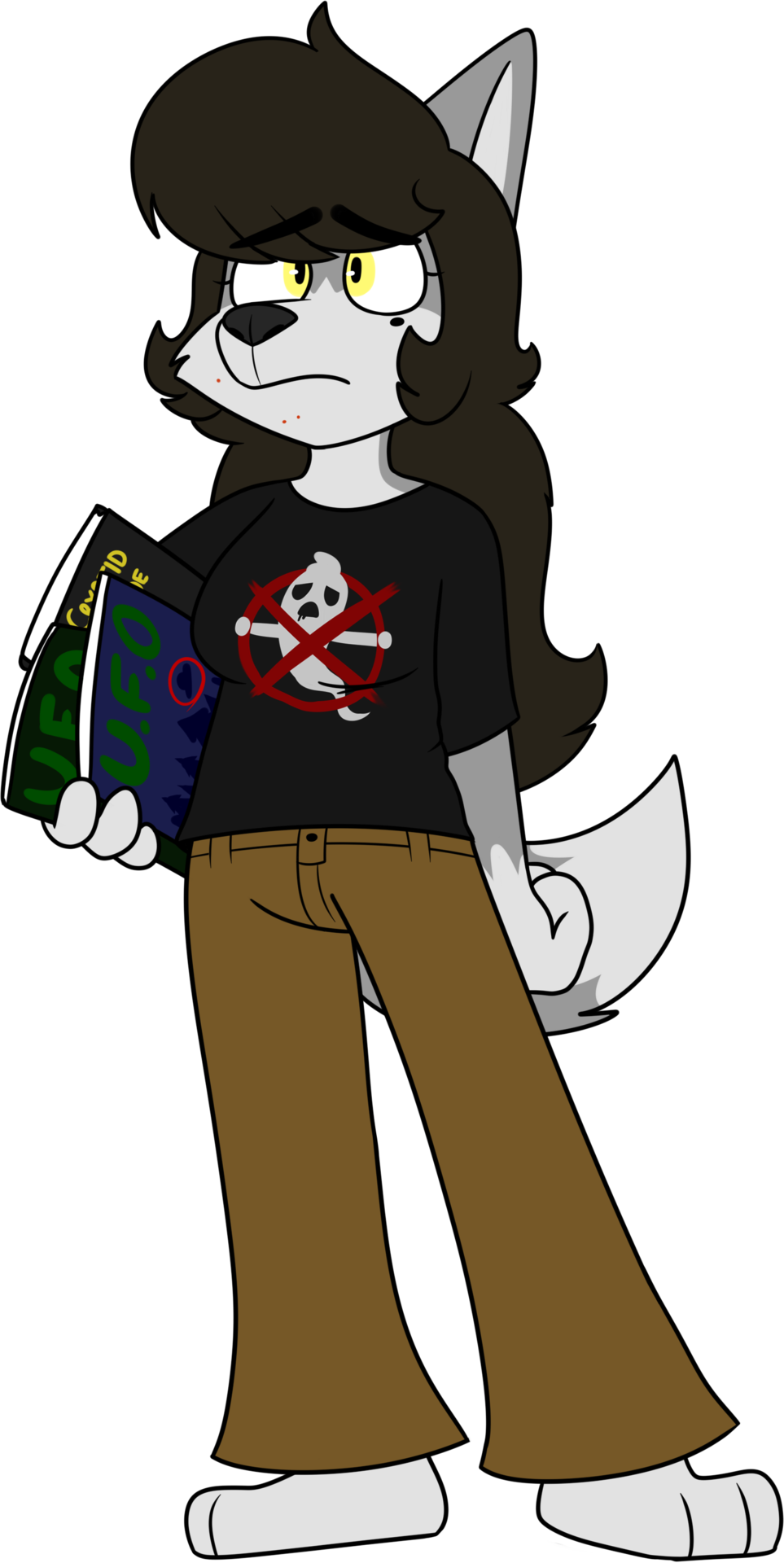 2018 3_toes 4_fingers aged_down alpha_channel anthro barefoot bellbottoms biped black_clothing black_eyebrows black_nose black_pupils black_shirt black_t-shirt black_topwear bottomwear breasts brown_bottomwear brown_clothing brown_pants canid canine canis chokovit_(artist) clothed clothed_anthro clothed_female clothing colored digital_drawing_(artwork) digital_media_(artwork) dipstick_tail english_text eyebrow_through_hair eyebrows feet female female_anthro fingers fluffy fluffy_tail front_view full-length_portrait fur gloves_(marking) green_text grey_body grey_ears grey_fur grey_inner_ear grey_markings grey_tail hair hi_res holding_magazine leg_markings magazine mammal marion_wells markings mole_(marking) mole_under_eye pants portrait prick_ears pupils shirt simple_background socks_(marking) solo standing t-shirt tail tail_markings teenager text toes topwear translucent translucent_hair transparent_background wolf wolf_tail yellow_eyes yellow_text young