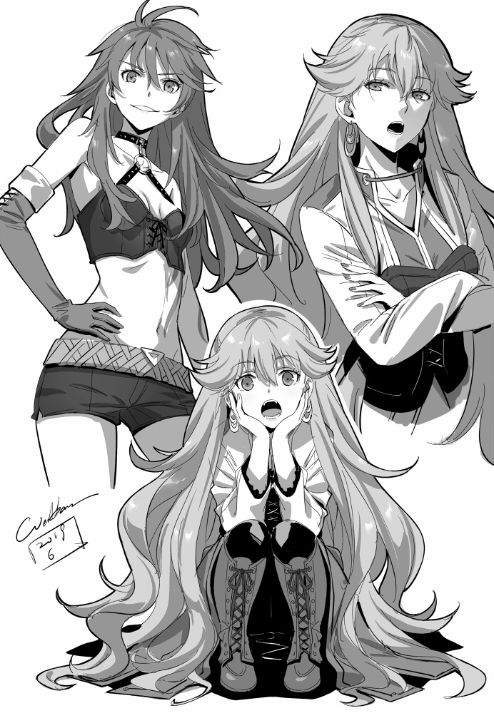 2girls boots breasts choker corset criss-cross_halter crop_top cross-laced_footwear crossed_arms dual_persona earrings eiyuu_densetsu elbow_gloves fangs full_body gloves greyscale grin halterneck hand_on_own_hip head_rest jewelry long_hair long_sleeves looking_at_viewer midriff monochrome multiple_girls navel open_mouth parted_lips roselia_millstein sen_no_kiseki sen_no_kiseki_iii sen_no_kiseki_iv shirley_orlando short_shorts shorts signature small_breasts smile squatting vampire werkbau