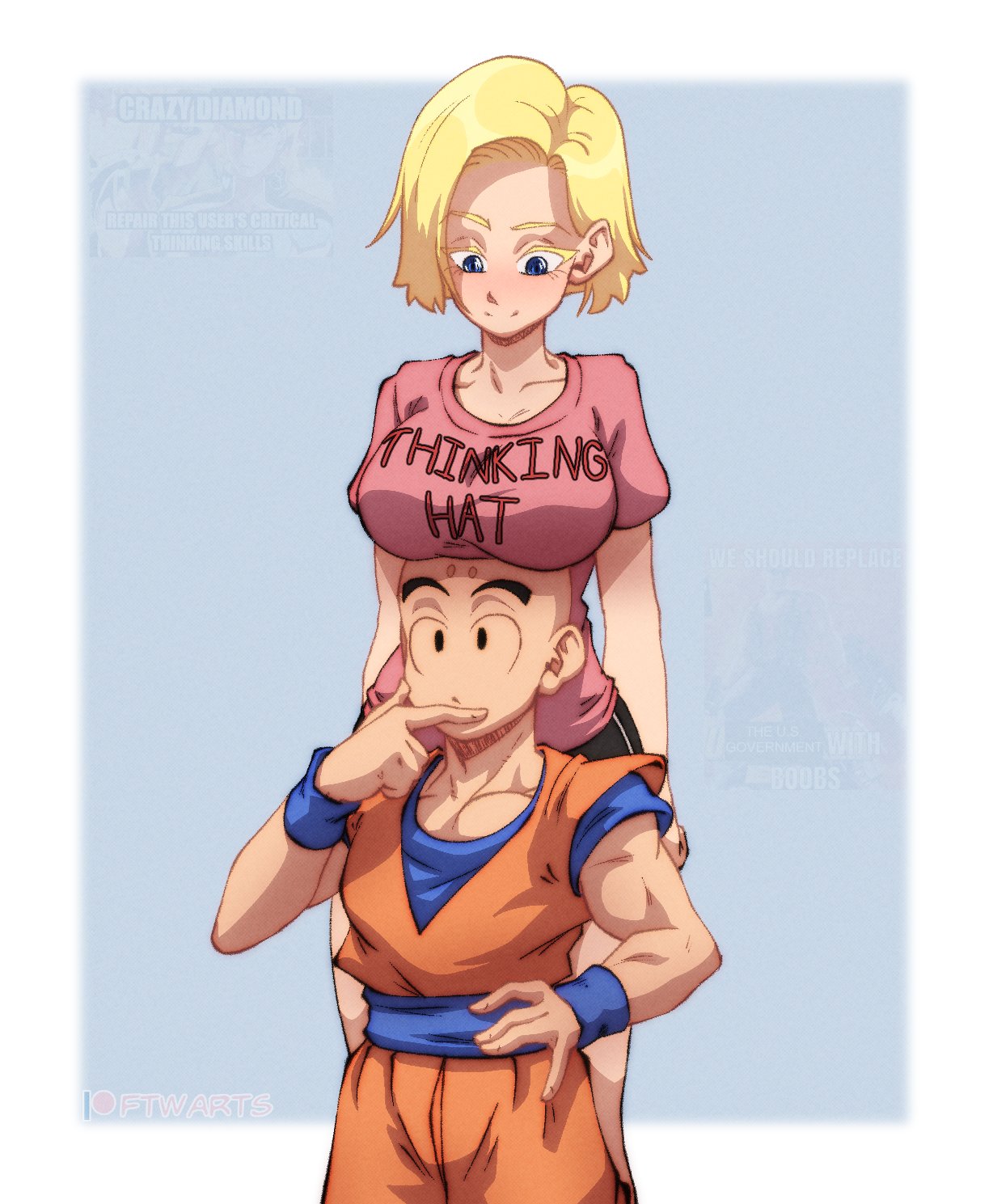 1boy 1girl android_18 bald biceps blonde_hair breast_rest breasts breasts_on_head clothes_writing dougi dragon_ball dragon_ball_z facial_mark finger_to_mouth forehead_mark ftw_arts hand_on_own_hip height_difference highres husband_and_wife kuririn large_breasts muscular muscular_male short_hair short_shorts shorts smile wristband