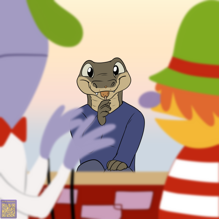 1:1 anthro background_focus candy clothed clothing crocodile crocodilian crocodylid dessert food foxenawolf green_body green_scales group irwin_(turbo) male open_mouth puppet reptile scales scalie solo_focus trio young