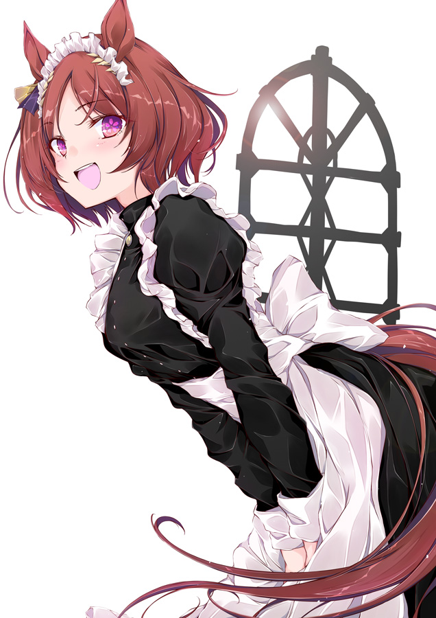 1girl :d alternate_costume animal_ears apron black_dress bob_cut brown_hair commentary_request dress enmaided flower_in_eye frilled_apron frills from_side horse_ears horse_girl juliet_sleeves long_sleeves looking_at_viewer looking_to_the_side maid maid_apron maid_headdress parted_bangs puffy_sleeves purple_eyes sakura_laurel_(umamusume) short_hair smile solo symbol_in_eye umamusume waist_apron white_apron yumesato_makura