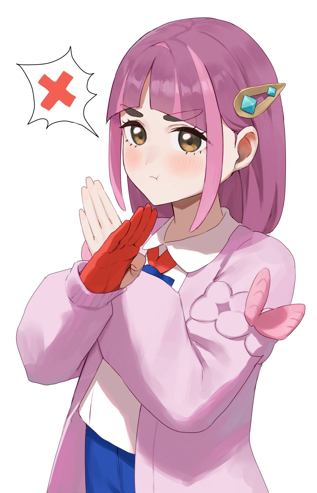 1girl :i arched_bangs blue_pants blueberry_academy_school_uniform cardigan closed_mouth coat crossed_wrists gloves gomashiwo_o hair_ornament hairclip highres lacey_(pokemon) long_sleeves looking_at_viewer open_cardigan open_clothes open_coat pants pink_coat pink_hair pokemon pokemon_sv pout red_gloves school_uniform shirt single_glove solo speech_bubble spoken_x white_shirt x_arms yellow_eyes