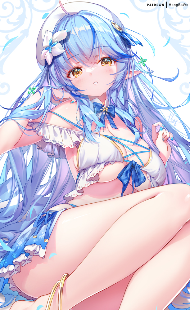 1girl ahoge anklet beret bikini blue_hair breasts flower hair_flower hair_ornament hat hololive hong_(white_spider) jewelry large_breasts legs long_hair looking_at_viewer multicolored_hair patreon_username sitting solo swimsuit thighs two-tone_hair virtual_youtuber white_bikini white_headwear yellow_eyes yukihana_lamy