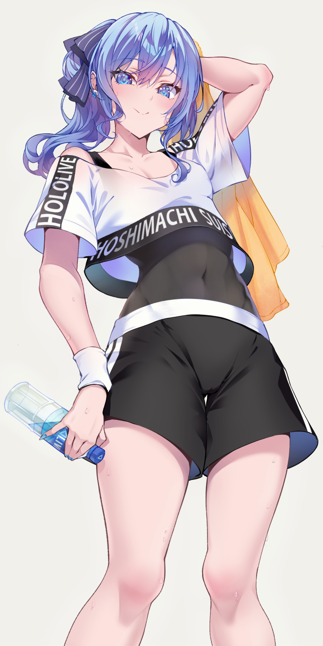 1girl arm_up black_shorts black_straps blue_eyes blue_hair bottle character_name collarbone commentary_request crop_top cropped_shirt double-parted_bangs feet_out_of_frame from_below hair_between_eyes highres holding holding_bottle holding_towel hololive hololive_dance_practice_uniform hoshimachi_suisei looking_at_viewer midriff official_alternate_costume omoti_(1201208) open_mouth plastic_bottle ponytail shirt short_sleeves shorts simple_background skin_tight solo stomach sweat tank_top towel virtual_youtuber water_bottle wavy_hair white_background white_shirt white_wristband yellow_towel