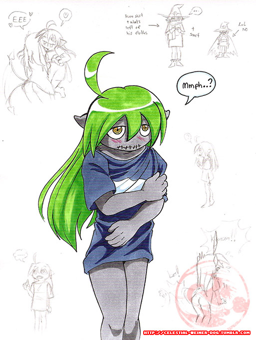 antenna_hair blush bottomless butt clothing collage digimon felice-chan fuse_the_wizardmon green_hair hair hug marker_(art) nude partially_clothed pencils shirt sketch solo stitches traditional_media wizardmon