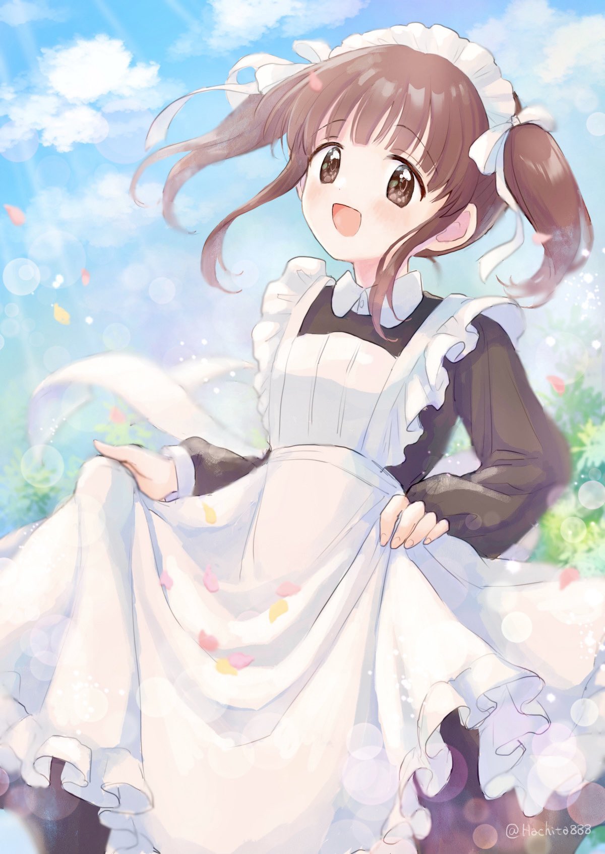 1girl apron black_dress blue_sky blush bow breasts brown_eyes brown_hair cloud day dot_nose dress falling_petals frilled_apron frills hair_bow hair_ribbon highres idolmaster idolmaster_cinderella_girls idolmaster_cinderella_girls_starlight_stage lens_flare lens_flare_abuse long_hair long_sleeves looking_at_viewer maid maid_headdress mitsuyahachiko ogata_chieri open_mouth outdoors petals ribbon sidelocks skirt_hold sky small_breasts smile solo sunlight tree twintails twitter_username waist_bow white_apron white_bow white_headdress white_ribbon