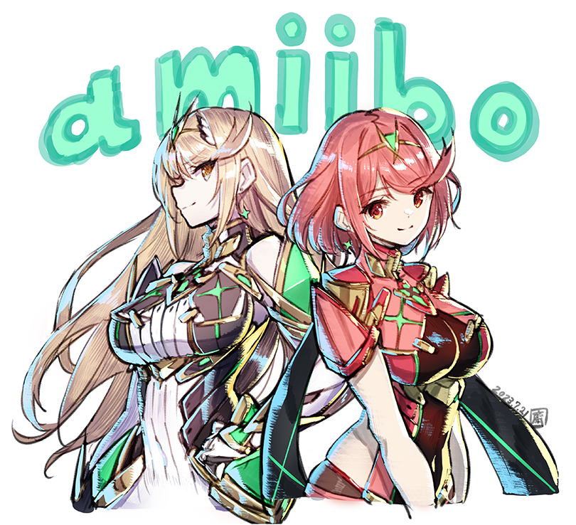 2girls arm_guards armor backless_outfit bare_shoulders blonde_hair bob_cut breasts chest_jewel dress drop_earrings earrings elbow_gloves gem gloves impossible_clothes jewelry large_breasts long_hair microdress multiple_girls mythra_(massive_melee)_(xenoblade) mythra_(xenoblade) neon_trim pantyhose_under_shorts pyra_(xenoblade) red_eyes red_hair red_shorts saitou_masatsugu short_sleeves shorts shoulder_armor skindentation swept_bangs tiara very_long_hair white_dress white_gloves xenoblade_chronicles_(series) xenoblade_chronicles_2 yellow_eyes