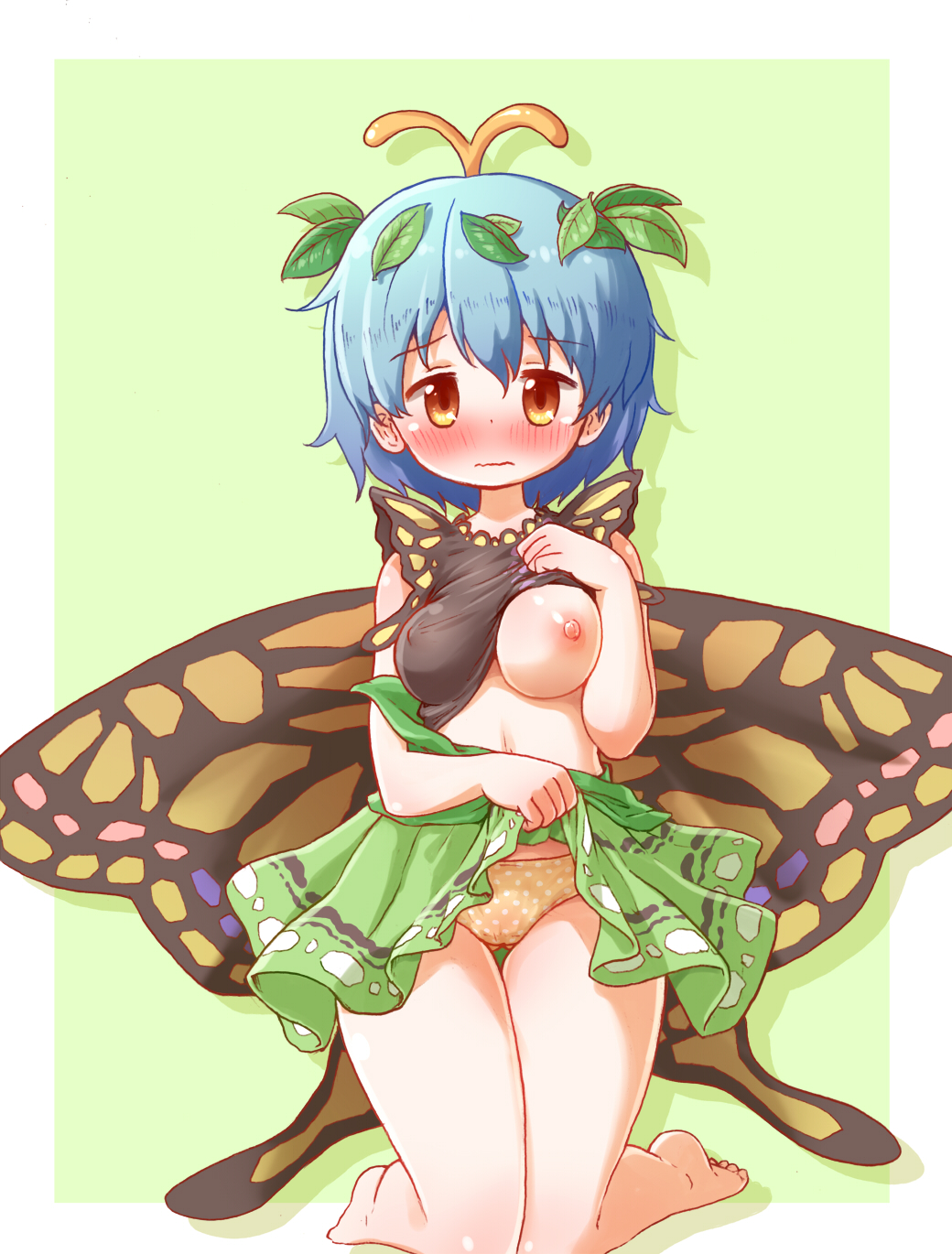 1girl antennae aqua_hair arinu bad_anatomy bad_perspective barefoot black_shirt blush border breasts butterfly_wings closed_mouth clothes_lift eternity_larva fairy green_skirt hair_between_eyes highres insect_wings large_breasts leaf leaf_on_head lifted_by_self nipples orange_eyes orange_panties panties polka_dot polka_dot_panties shirt short_hair short_sleeves skirt skirt_lift solo tears touhou underwear wavy_mouth white_border wings