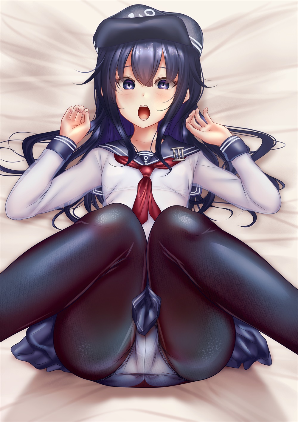 1girl akatsuki_(kancolle) anchor_symbol black_headwear black_pantyhose blue_sailor_collar blue_skirt bra breasts flat_cap hat highres kantai_collection long_hair long_sleeves looking_at_viewer lying miniskirt neckerchief on_back open_mouth panties panties_under_pantyhose pantyhose pleated_skirt purple_eyes purple_hair red_neckerchief sailor_collar school_uniform serafuku shounen_(hogehoge) skirt small_breasts solo torn_clothes torn_pantyhose underwear white_bra white_panties