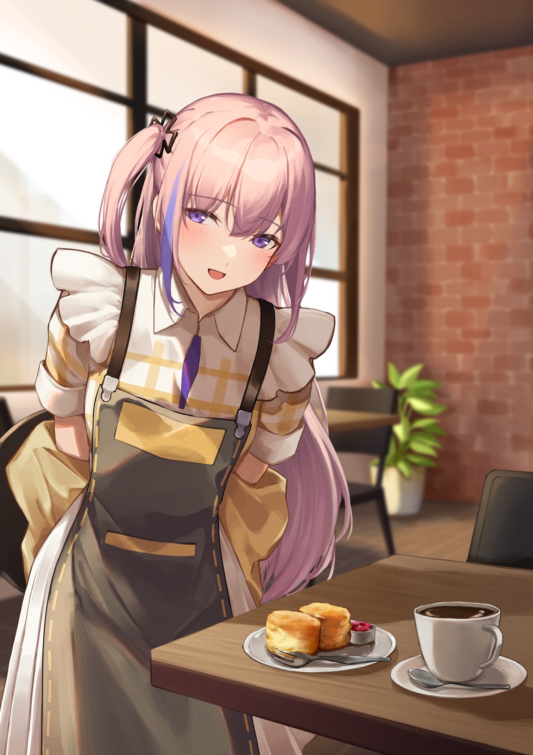 1girl 3_small_spiders apron arms_behind_back black_apron commentary_request commission girls'_frontline highres indoors leaning_forward long_hair looking_at_viewer multicolored_hair official_alternate_costume one_side_up open_mouth pink_hair plaid purple_eyes purple_hair skeb_commission solo st_ar-15_(girls'_frontline) streaked_hair table two-tone_hair