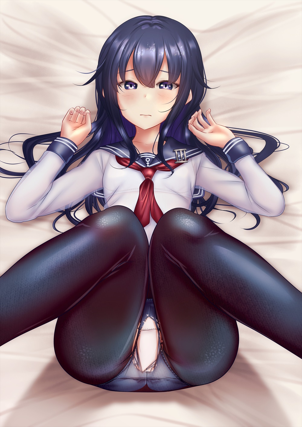 1girl akatsuki_(kancolle) black_pantyhose blue_sailor_collar bra breasts closed_mouth highres kantai_collection long_hair long_sleeves looking_at_viewer lying neckerchief on_back panties panties_under_pantyhose pantyhose purple_eyes purple_hair red_neckerchief sailor_collar school_uniform serafuku shounen_(hogehoge) small_breasts solo torn_clothes torn_pantyhose underwear white_bra white_panties