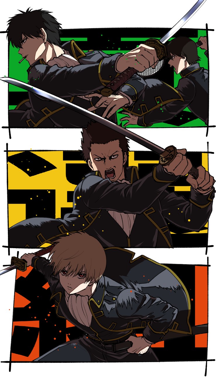 4boys ascot badminton_racket black_eyes black_hair brown_hair cigarette closed_mouth fighting_stance gintama highres hijikata_toushirou holding holding_sword holding_weapon jacket kondou_isao light_brown_hair long_sleeves male_focus multiple_boys nikuhen okita_sougo open_clothes open_jacket open_mouth outside_border racket red_eyes sheath shinsengumi_(gintama) short_hair sword uniform unsheathing weapon white_ascot yamazaki_sagaru