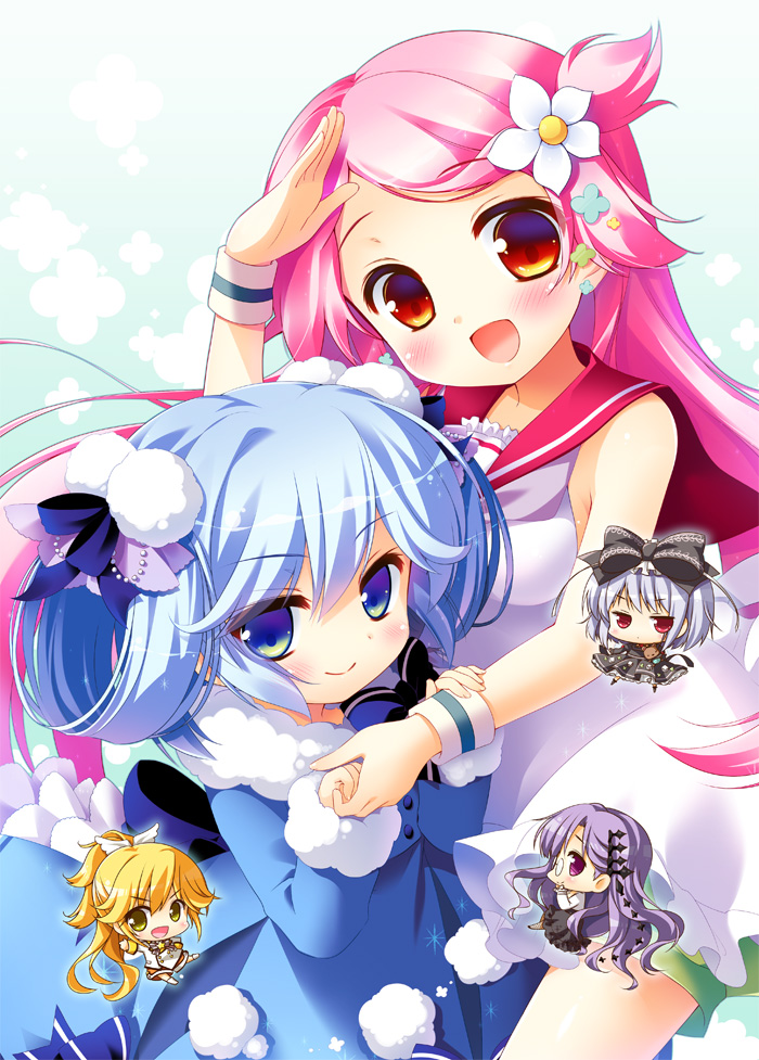 5girls :d >:) akari_(fantasista_doll) aqua_hair blonde_hair blue_eyes blue_hair bow chibi chibi_inset commentary_request fantasista_doll flower grey_hair hair_bow hair_flower hair_ornament hair_ribbon hug jitome katia_(fantasista_doll) long_hair looking_at_viewer madeleine_(fantasista_doll) multiple_girls open_mouth pink_hair ponytail purple_eyes purple_hair red_eyes ribbon salute sasai_saji sasara_(fantasista_doll) shimeji_(fantasista_doll) short_hair smile v-shaped_eyebrows wristband yellow_eyes