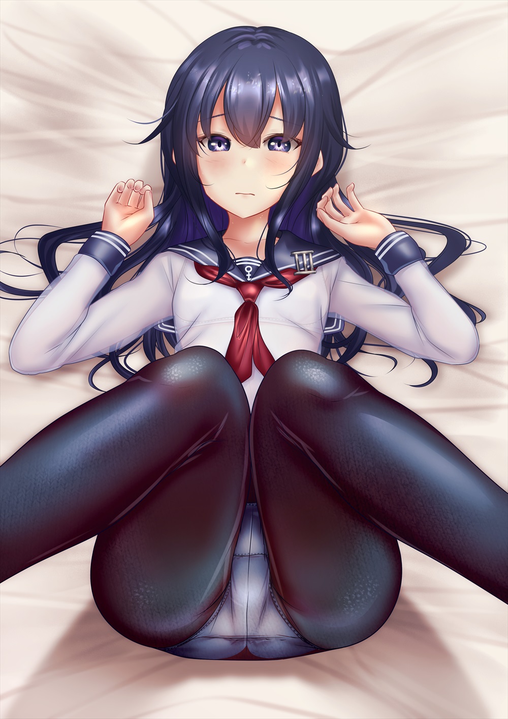 1girl akatsuki_(kancolle) black_pantyhose blue_sailor_collar bra breasts closed_mouth highres kantai_collection long_hair long_sleeves looking_at_viewer lying neckerchief on_back panties panties_under_pantyhose pantyhose purple_eyes purple_hair red_neckerchief sailor_collar school_uniform serafuku shounen_(hogehoge) small_breasts solo underwear white_bra white_panties