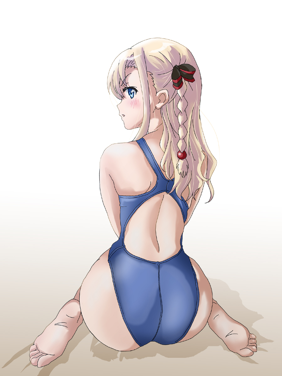 1girl ass blonde_hair blue_eyes blue_one-piece_swimsuit braid competition_swimsuit from_behind hair_ribbon hal-py high_school_fleet highres long_hair looking_at_viewer looking_back one-piece_swimsuit ribbon simple_background single_braid sitting solo swimsuit wariza white_background wilhelmina_braunschweig_ingenohl_friedeburg