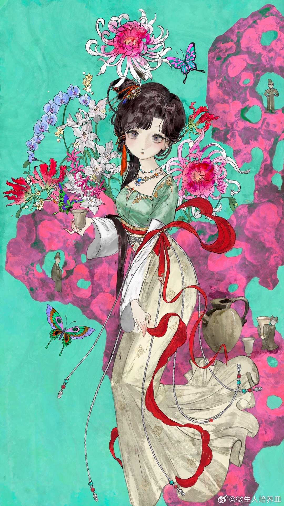 1girl aqua_background biseijin black_eyes black_hair blue_flower bug butterfly chinese_clothes chinese_hairpin chrysanthemum cup flower full_body green_shirt hair_bun hair_ornament hanfu highres holding holding_cup jewelry jiu_niangzi kettle layered_sleeves long_hair long_skirt long_sleeves necklace parted_lips pink_flower red_flower red_shawl reverse:1999 rock shawl shirt short_over_long_sleeves short_sleeves single_side_bun skirt solo statuette tassel tassel_hair_ornament weibo_logo weibo_username white_flower white_sleeves yellow_skirt
