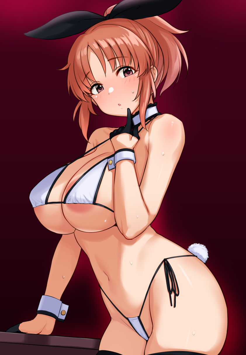 1girl :o abe_nana bikini black_gloves black_hairband black_thighhighs blush breasts choker commentary_request fake_tail frilled_choker frills gloves gradient_background hairband highres idolmaster idolmaster_cinderella_girls large_breasts looking_at_viewer navel rabbit_tail red_background red_eyes red_hair side-tie_bikini_bottom solo standing swimsuit tail thighhighs tomajiyama white_bikini white_choker